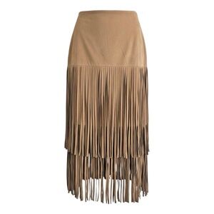 New York & Company Tan Faux Suede Fringe Tassel Skirt Size 14 Western Rodeo Boho